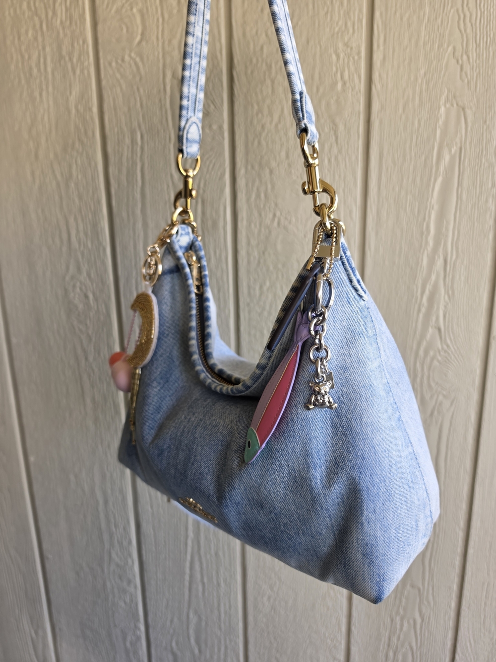 Coach Laurel Light Blue Denim Shoulder Bag with Pink & Purple Charm - Picture 4 of 7